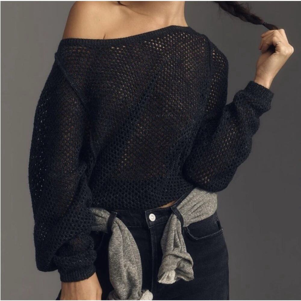 Anthropologie Pilcro Open Stitch Crew Neck Sweater Gray Slouchy Oversized Knit